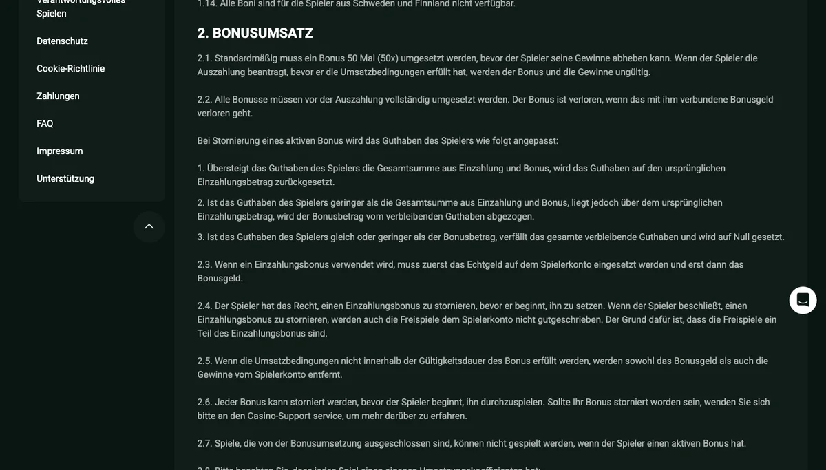 Bonusbedingungen von Goldex mit Umsatz 50x als Standard und Beitrag der Spiele