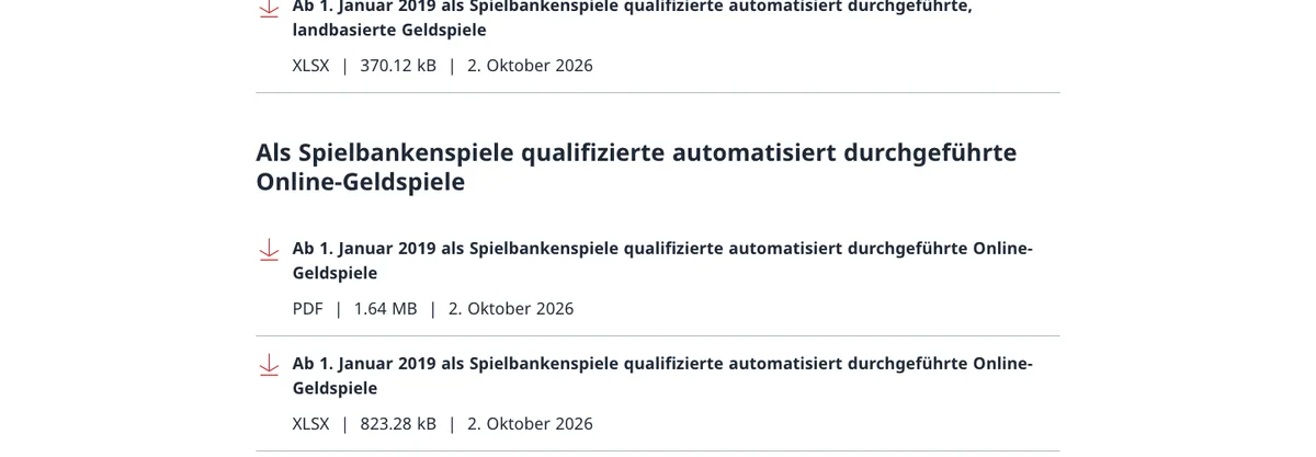 ESBK-Seite Spielbetrieb mit den Listen der zugelassenen Online-Geldspiele, Stand Oktober 2026