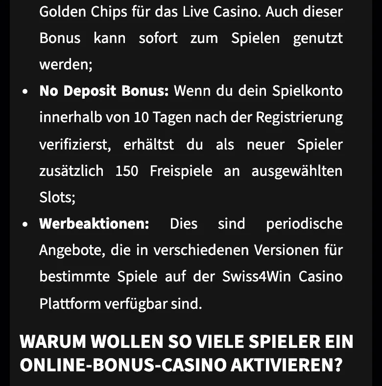 No Deposit Bonus von Swiss4Win in der mobilen Ansicht: bis 150 Freispiele nach Verifizierung des Spielkontos, Stand Oktober 2026