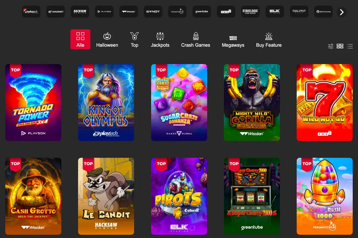 Slot-Lobby von PASINO.ch mit Anbieterleiste und Kategorien Top, Jackpots, Crash Games, Megaways und Buy Feature, Stand Oktober 2026
