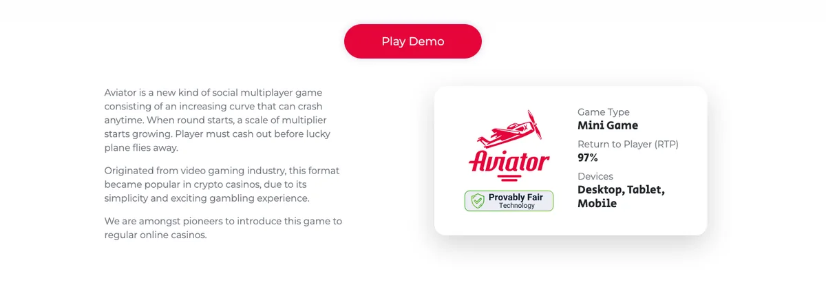 Produktseite von Aviator bei Spribe mit Angaben zu Spieltyp und RTP