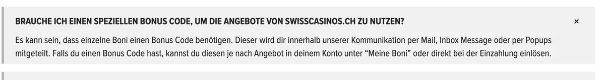 Hinweis von Swiss Casinos, dass Bonuscodes per Mail, Inbox-Nachricht oder Pop-up mitgeteilt werden