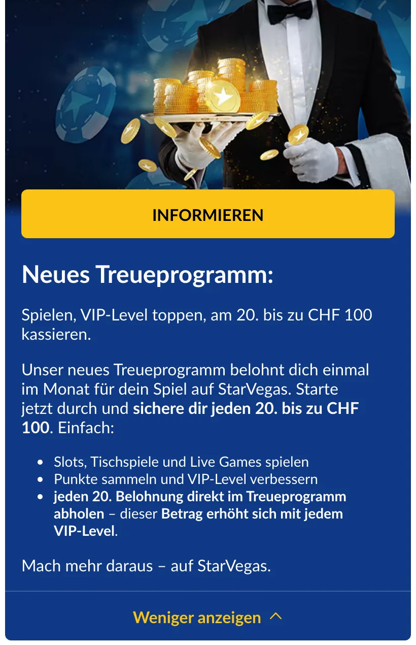 Treueprogramm von StarVegas mit monatlicher Belohnung bis CHF 100 am 20., Stand Oktober 2026