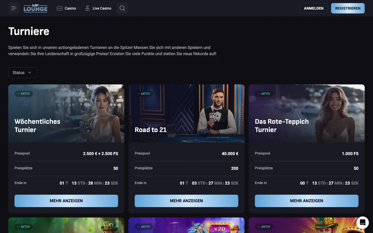 Turnierseite von SlotLounge mit Wochenturnier, Million Drops und Drops und Wins
