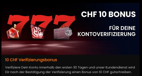 Verifizierungsbonus von Casino777: CHF 10 bei Verifizierung des Kontos in den ersten 30 Tagen, Stand Oktober 2026
