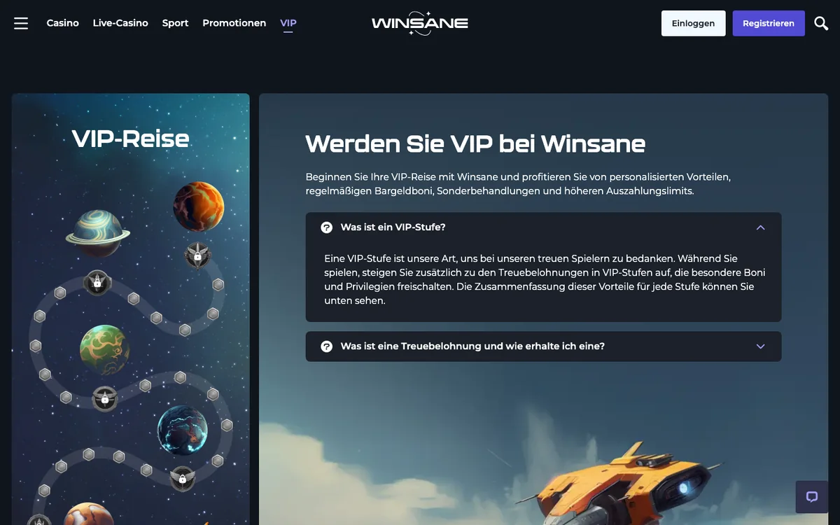 VIP-Stufen von Winsane mit Belohnungen von EUR 20 bis EUR 7'500 und Auszahlungslimits