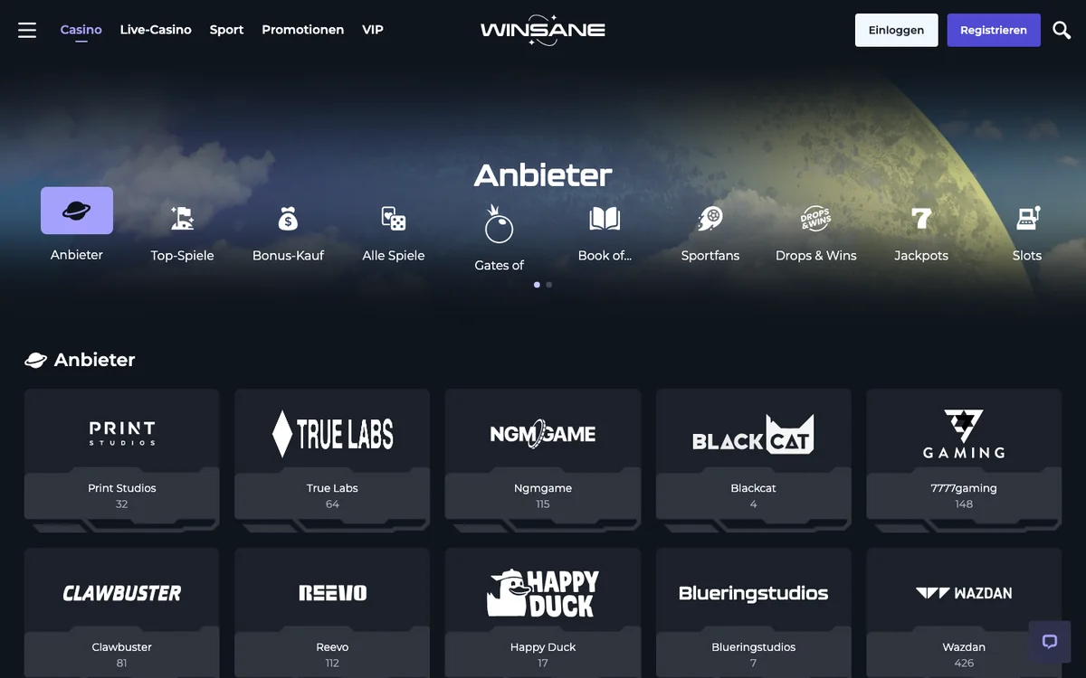 Anbieterseite von Winsane mit 136 Studios, KA Gaming 1'046 und Spinomenal 716 Spiele