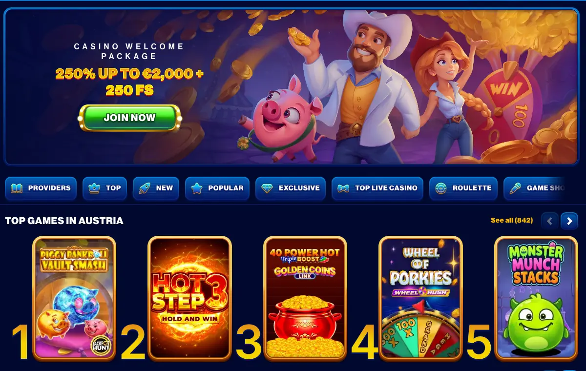 Casino-Lobby von Spins of Glory mit Kategorien und Spielzählern, Stand Oktober 2026
