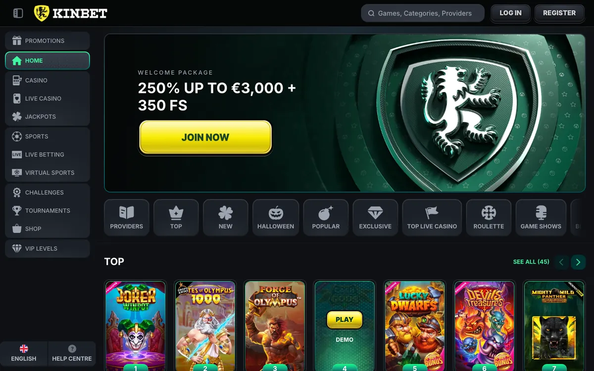 Casino-Lobby von Kinbet mit Willkommenspaket, Kategorien und Slots, Stand Oktober 2026