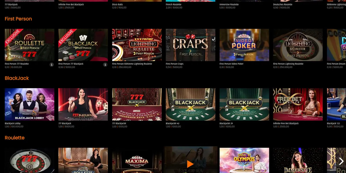 Live-Lobby von Casino777 mit First Person Craps von Evolution, Einsatz CHF 0.50 bis 5'000, neben den anderen First-Person-Tischen, Stand Oktober 2026