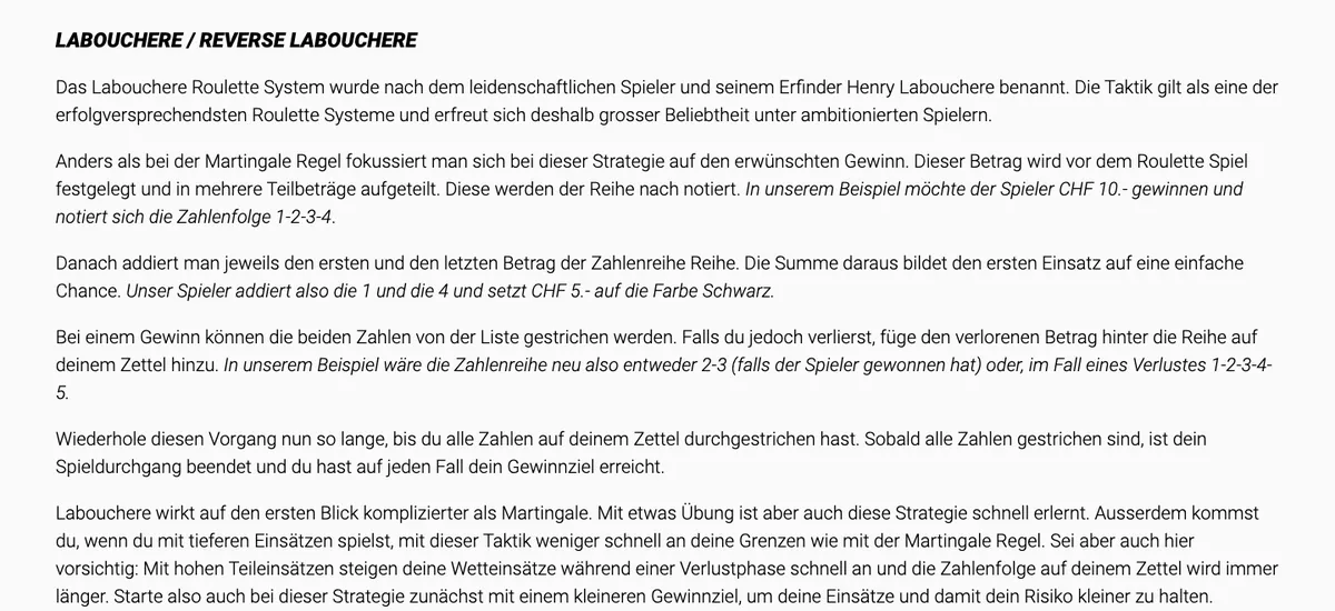 Beispiel der Labouchère-Strategie auf der Ratgeberseite von Jackpots.ch