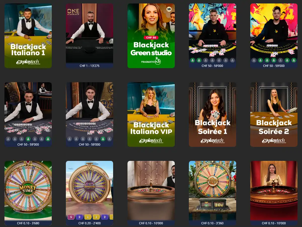 Live-Casino von PASINO.ch mit Blackjack- und Roulette-Tischen und Einsatzspannen von CHF 0.10 bis CHF 59'000, Stand Oktober 2026