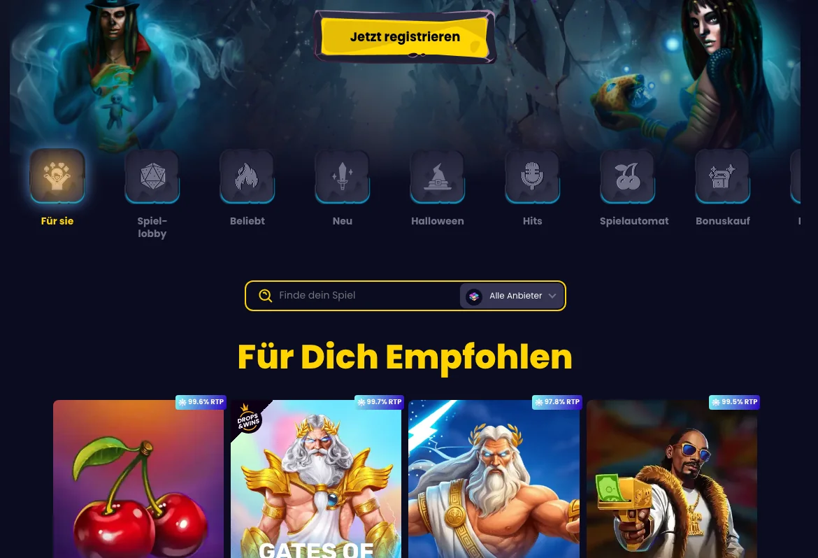 Lobby von Slotsgem mit den Rubriken Spiel-Lobby, Beliebt, Neu, Hits, Spielautomat und Bonuskauf, Stand Oktober 2026