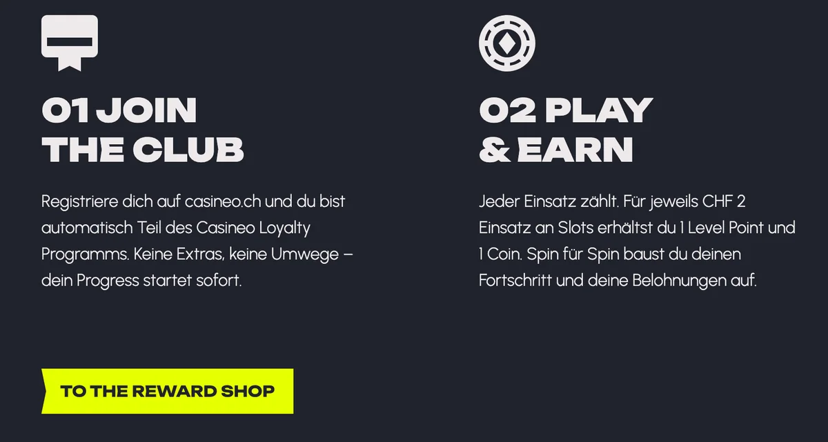 Loyalty-Programm von Casineo: je CHF 2 Einsatz an Slots 1 Level Point und 1 Coin, Stand Oktober 2026