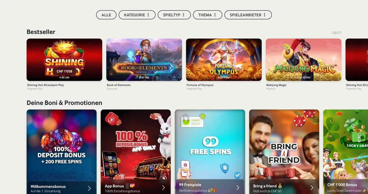 Slot-Lobby von mycasino mit Bestsellern und Filtern nach Kategorie, Spieltyp und Spieleanbieter, Stand Oktober 2026