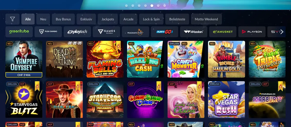 Slot-Lobby von StarVegas mit Filtern und Novomatic-Slots, Stand Oktober 2026