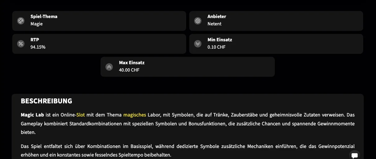 Magic Lab bei Swiss4Win mit RTP 94,15 Prozent und Einsatz bis CHF 40
