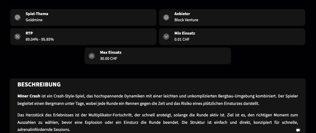 Miner Crash bei Swiss4Win: RTP 89,04 bis 95,85 Prozent, Einsätze CHF 0.01 bis CHF 30, Stand Oktober 2026