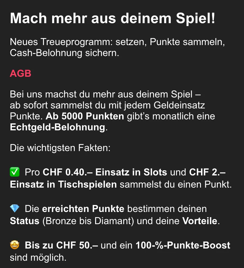 Treueprogramm von Admiral: ein Punkt pro CHF 0.40 in Slots und CHF 2 an Tischspielen, Status Bronze bis Diamant, Stand Oktober 2026