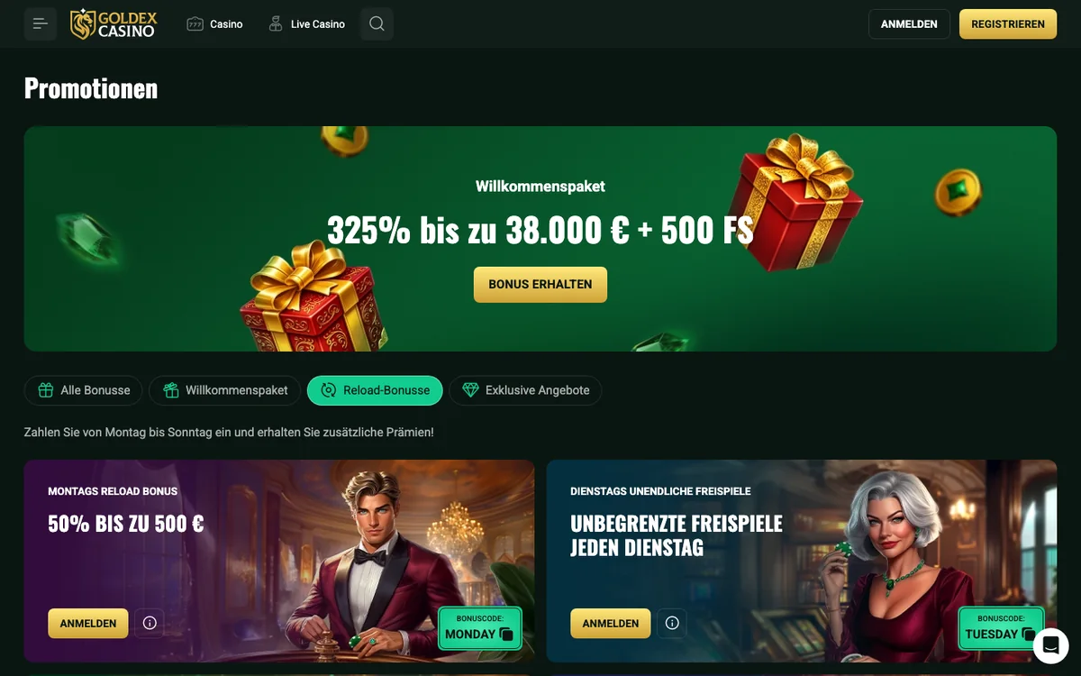 Wochenaktionen von Goldex: Montags-Reload, Dienstags-Freispiele, Mittwochs-Reload, Freitags-Freispiele