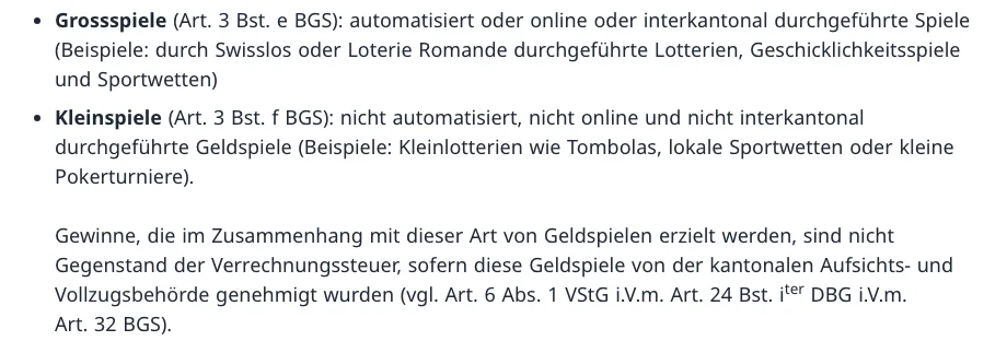 Abschnitt der ESTV zu Grossspielen von Swisslos und Loterie Romande und zu Kleinspielen wie Tombolas