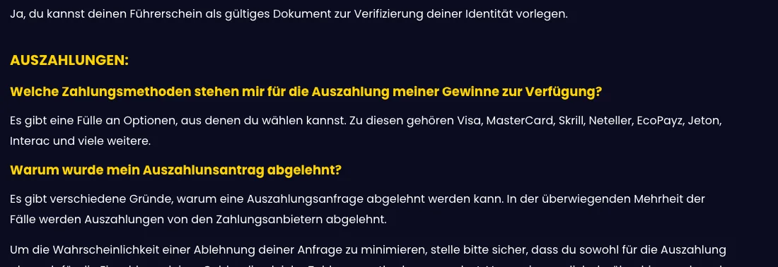 FAQ von Slotsgem zu den Zahlungsmethoden für Auszahlungen: Visa, MasterCard, Skrill, Neteller, EcoPayz, Jeton und Interac, Stand Oktober 2026