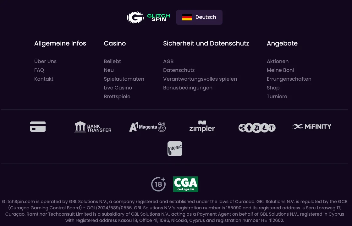 Fusszeile von GlitchSpin mit Zahlungslogos, 18+, CGA-Siegel und Betreiber GBL Solutions N.V., Lizenz OGL/2024/589/0556