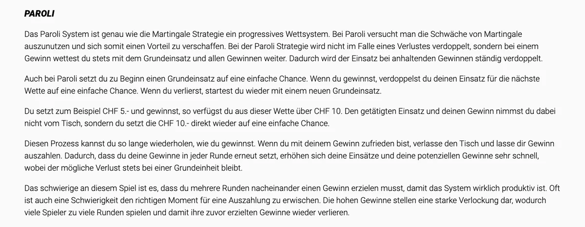Abschnitt zu Paroli und Parlay auf der Ratgeberseite von Jackpots.ch