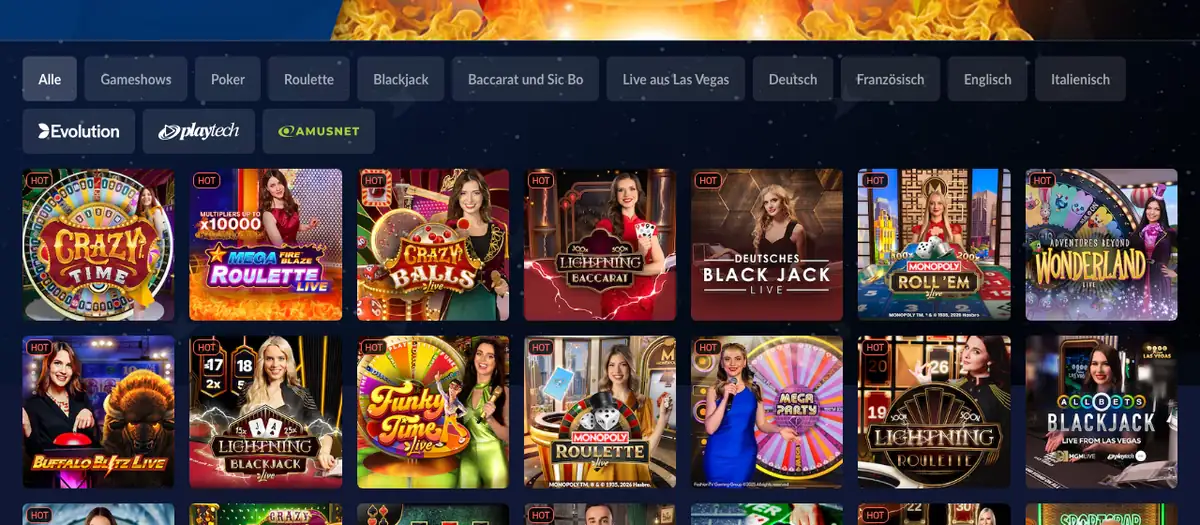 Live-Casino von StarVegas mit Spielkategorien und Sprachfilter für vier Sprachen, Stand Oktober 2026