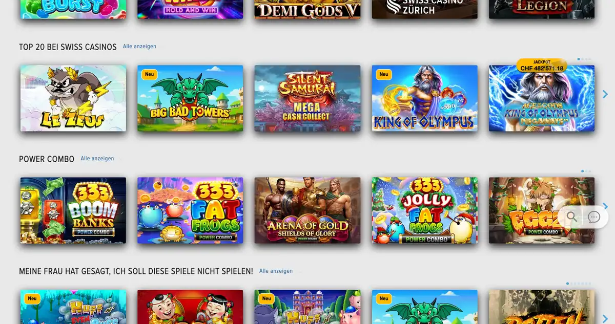Lobby von online.swisscasinos.ch mit der Reihe «Top 20 bei Swiss Casinos», Stand Oktober 2026