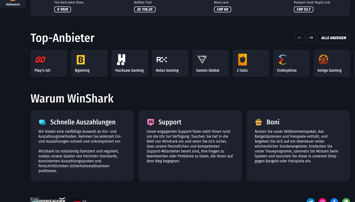 Lobby von WinShark mit Rubriken und dem Block Top-Anbieter, Stand Oktober 2026