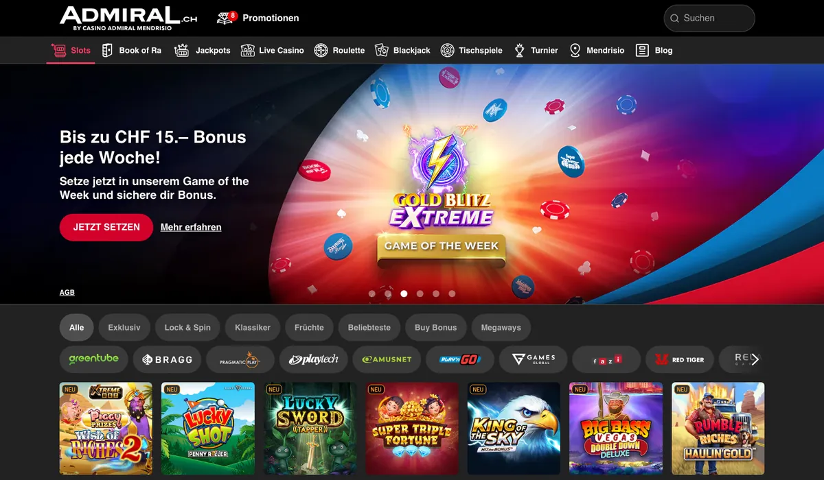 Slot-Lobby von admiral.ch mit Rubriken, Filtern nach Anbietern wie Greentube und Bragg und neuen Spielen, Stand Oktober 2026