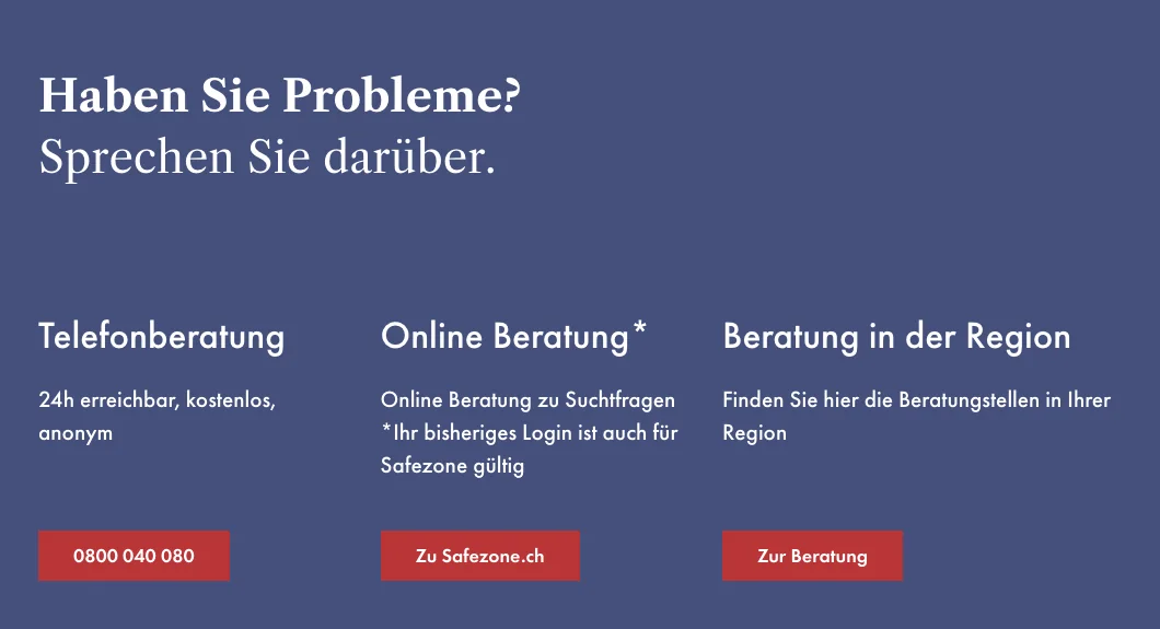 SOS-Spielsucht: Telefonberatung 0800 040 080, 24 Stunden erreichbar, kostenlos, anonym