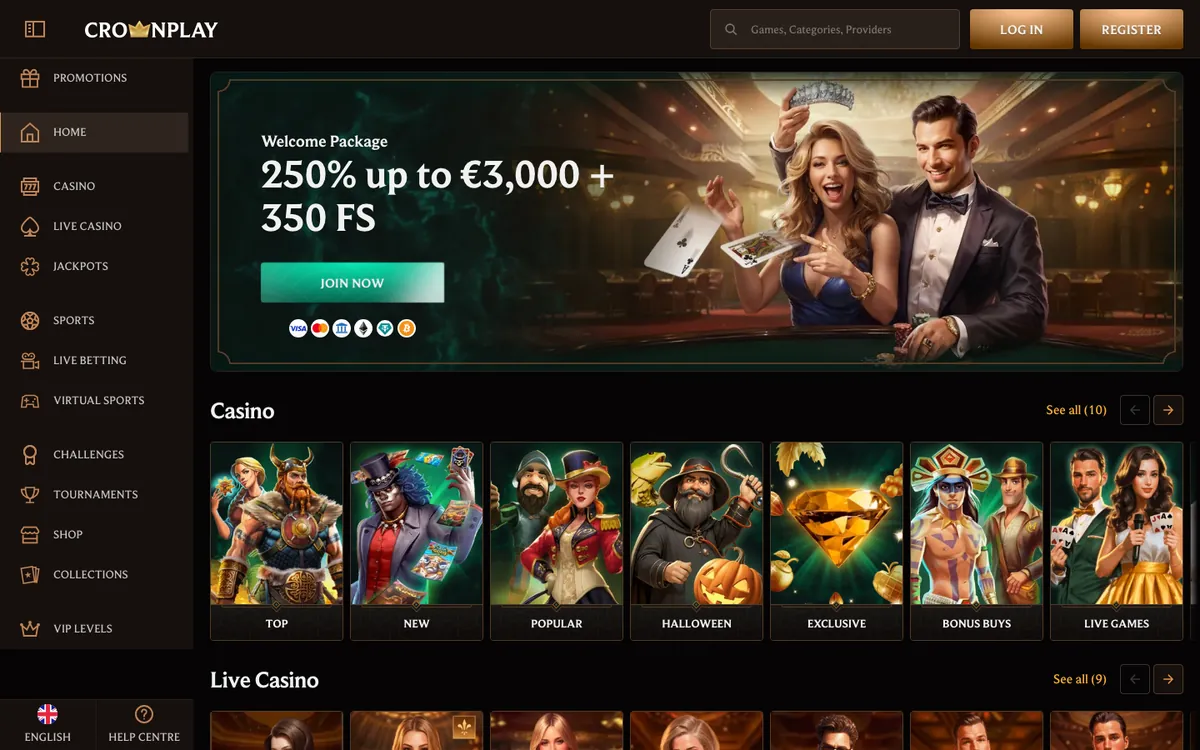 Startseite von CrownPlay mit Menü Casino, Live Casino, Jackpots, Sport und Live-Wetten, Stand Oktober 2026