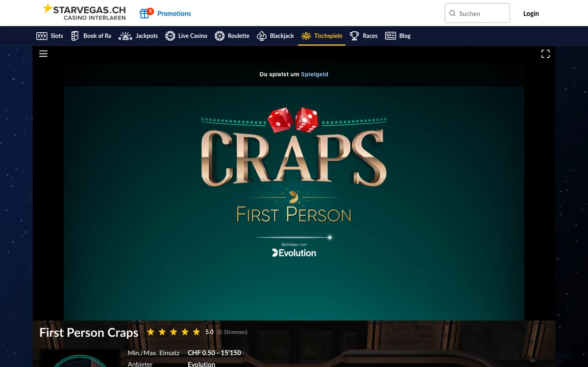 First Person Craps im Demomodus bei StarVegas mit Demoguthaben von CHF 1'000