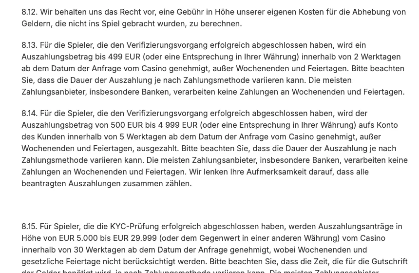 AGB von HitnSpin zu den Genehmigungsfristen für Auszahlungen nach Betrag, Ziffern 8.13 bis 8.17
