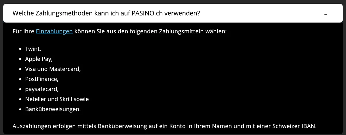 Hilfe von PASINO.ch zu Zahlungsmitteln: Auszahlungen nur per Banküberweisung auf ein Konto im eigenen Namen mit Schweizer IBAN