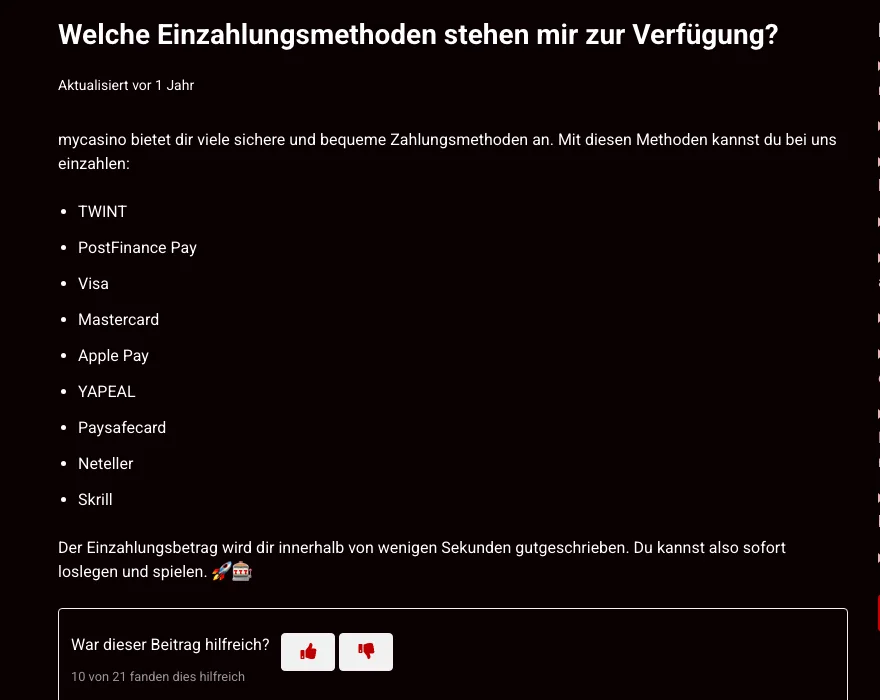 Einzahlungsmethoden bei mycasino laut Hilfe-Center: TWINT, PostFinance Pay, Visa, Mastercard, Apple Pay, YAPEAL, Paysafecard, Neteller, Skrill