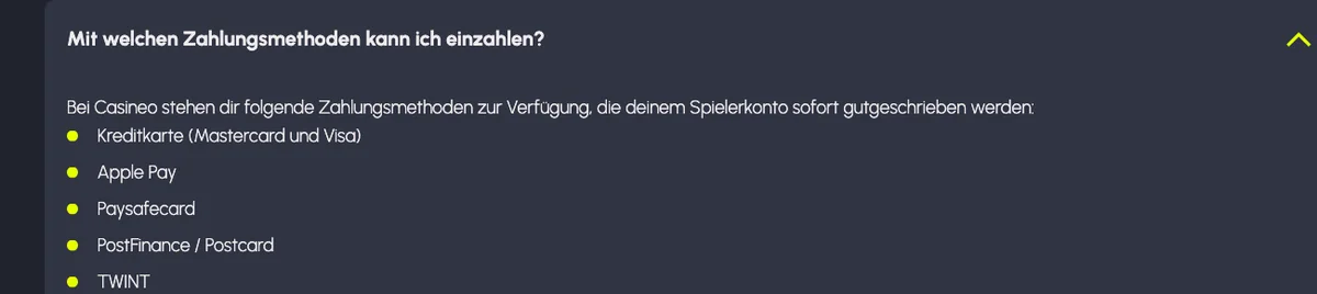 Hilfe von Casineo: Kreditkarte, Apple Pay, Paysafecard, PostFinance und TWINT mit sofortiger Gutschrift, Stand Oktober 2026