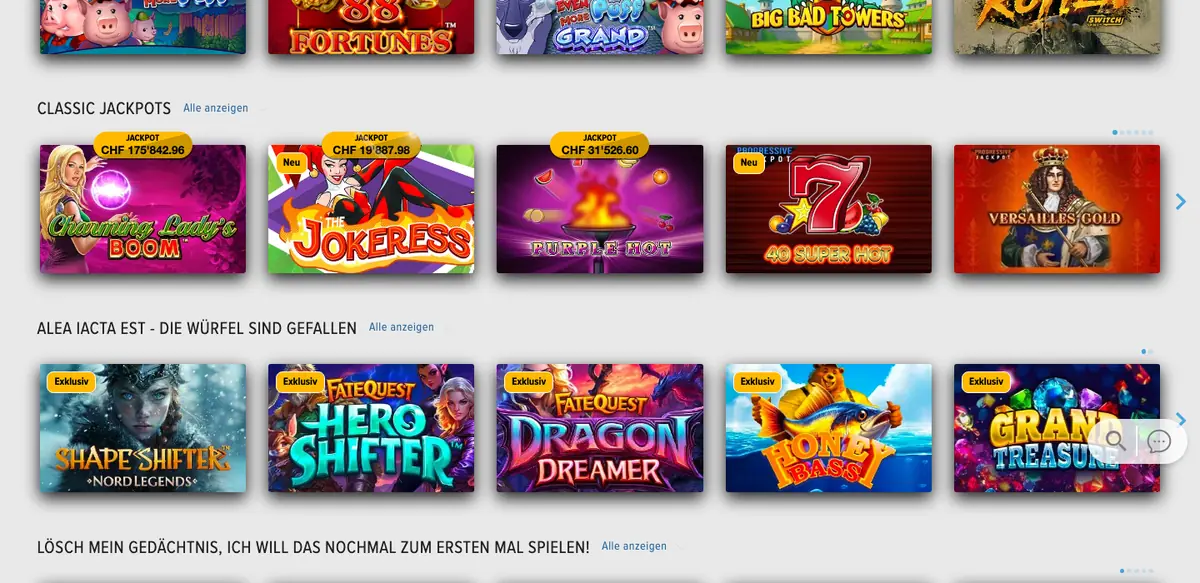 Jackpot-Reihen im Lobby von Swiss Casinos mit laufenden Jackpotständen, Stand Oktober 2026