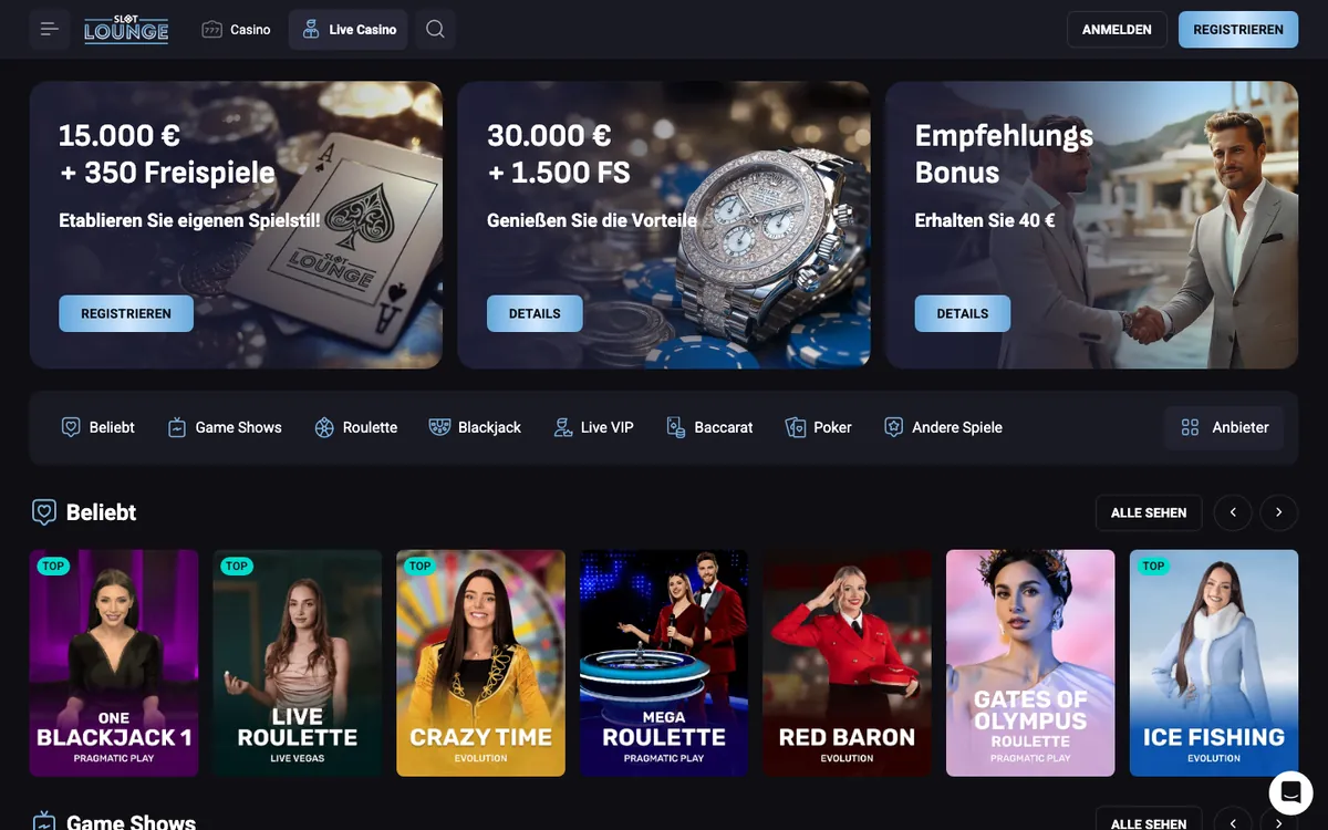 Live-Casino von SlotLounge mit Blackjack, Roulette und Spielshows