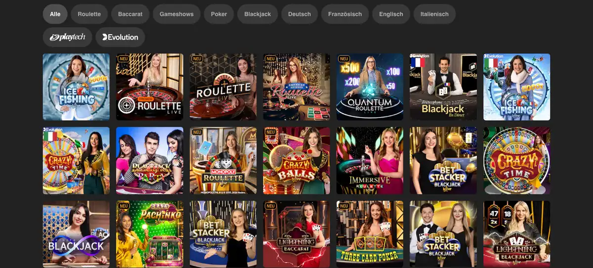 Live-Casino von admiral.ch mit Filtern für Roulette, Baccarat und Blackjack und Tischen von Evolution und Playtech, Stand Oktober 2026