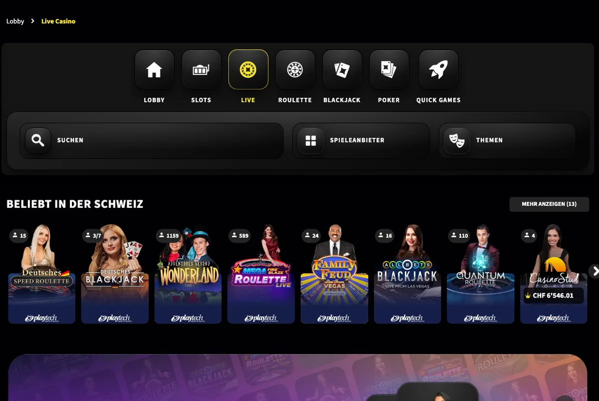 Live-Casino von Swiss4Win mit Playtech-Tischen für Roulette und Blackjack, Stand Oktober 2026