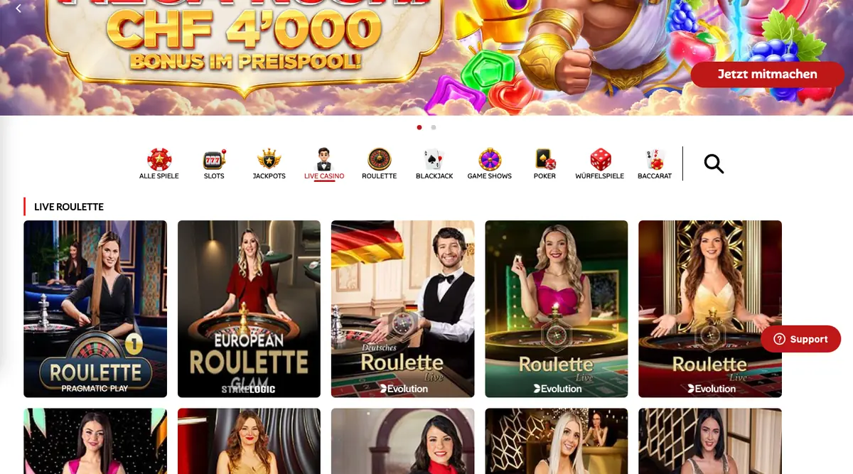Live-Casino von 7melons mit Roulette-Tischen von Pragmatic Play und Evolution, Stand Oktober 2026