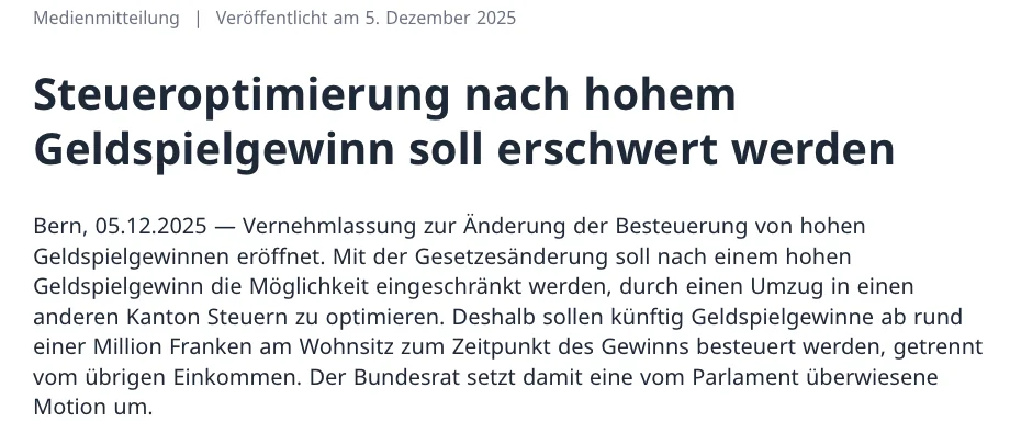 Medienmitteilung vom 5. Dezember 2025 zur Vernehmlassung über die gesonderte Besteuerung von Geldspielgewinnen ab rund einer Million Franken