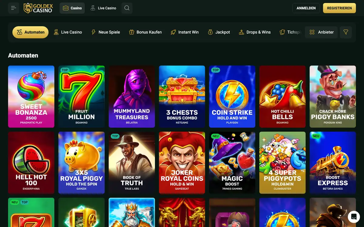 Slot-Lobby von Goldex mit Kategorien und Spieleplättchen, Stand Oktober 2026