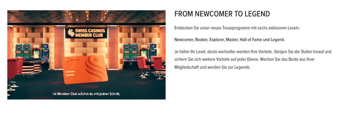 Swiss Casinos Member Club mit sechs Levels von Newcomer bis Legend