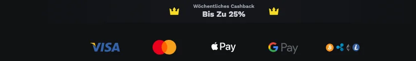 Startseite von BetOnRed mit Wochen-Cashback bis 25 Prozent und den Logos von Visa, Mastercard, Apple Pay, Google Pay und Krypto, Stand Oktober 2026