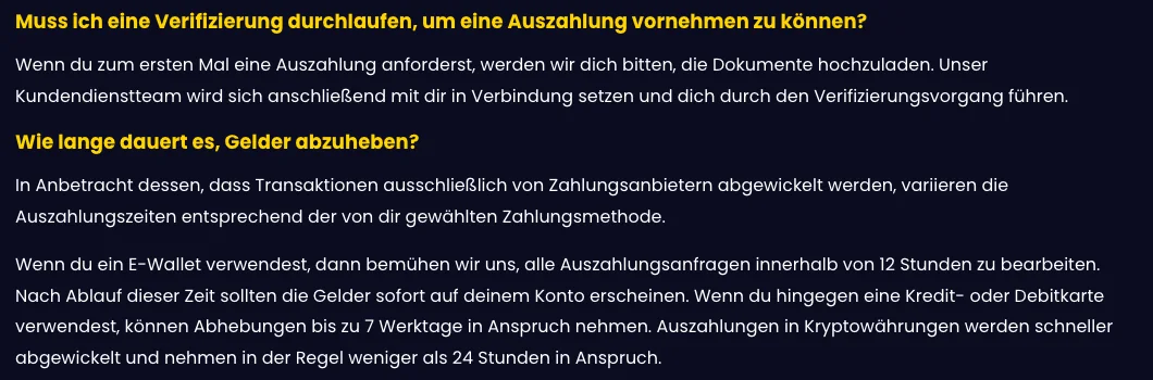 FAQ von Slotsgem zu Verifizierung und Auszahlungsdauer: Dokumente bei der ersten Auszahlung, E-Wallet bis 12 Stunden, Karte bis 7 Werktage, Krypto meist unter 24 Stunden, Stand Oktober 2026