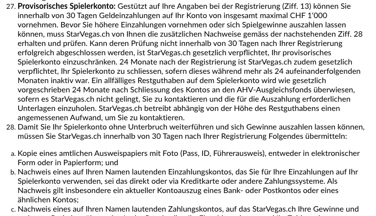 AGB von StarVegas zum provisorischen Spielerkonto: 30 Tage Frist und Einzahlungen bis CHF 1'000 vor der Verifizierung, Stand Oktober 2026